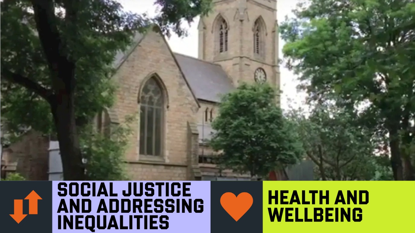 Old stone church building with trees in foreground - ‘Social Justice and Addressing Inequalities’ & ‘Health and Wellbeing’  Research strength graphic banner