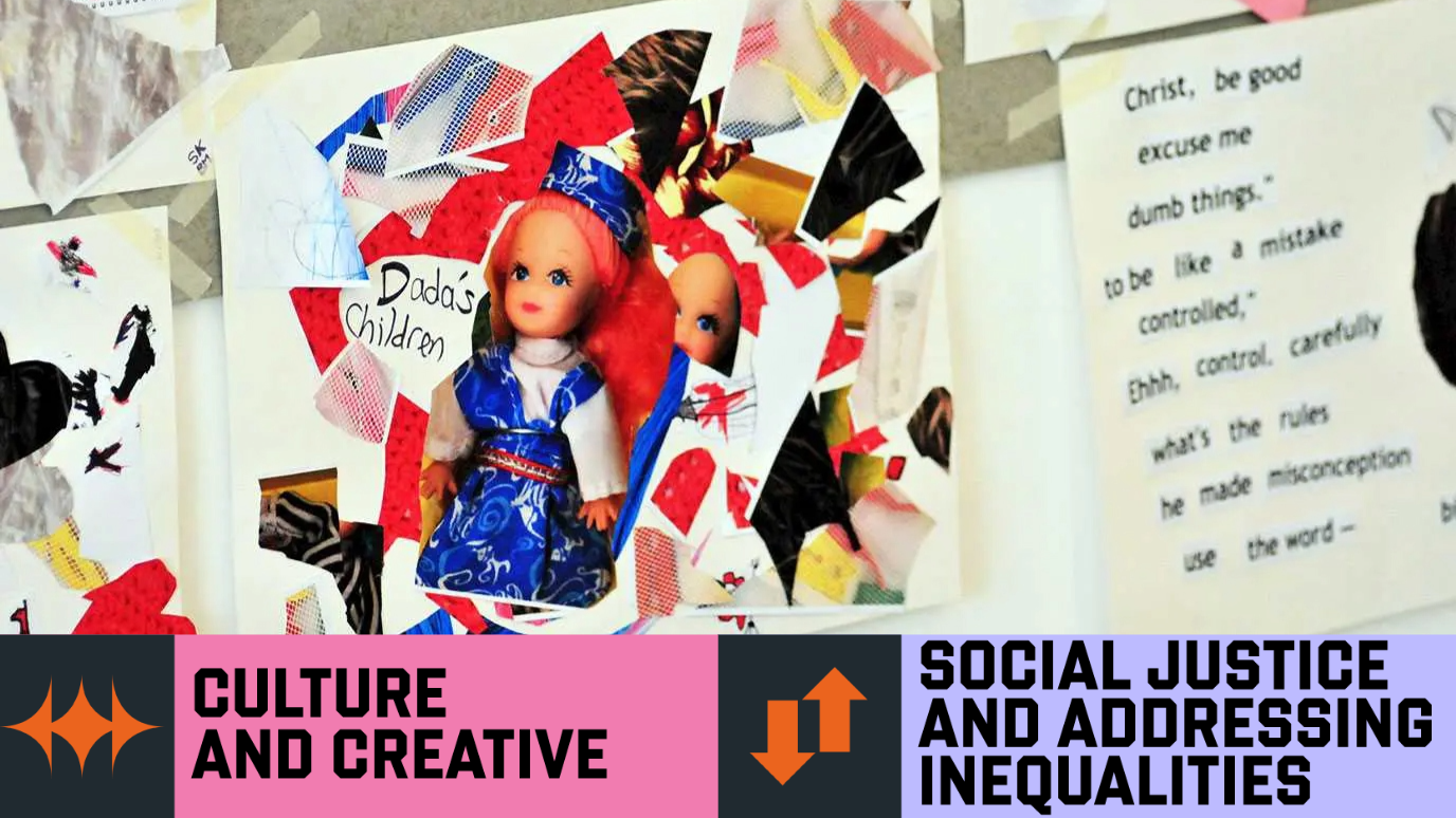 Close up of collage of images including several plastic dolls and words 'dada's children' - 'Culture and Creative' & ‘Social Justice and Addressing Inequalities’  Research strength graphic banner