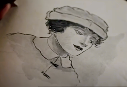 Drawing from collection relating to munition workers' dress research, world war 1 female worker in uniform. Courtesy Dr Jenny Richardson