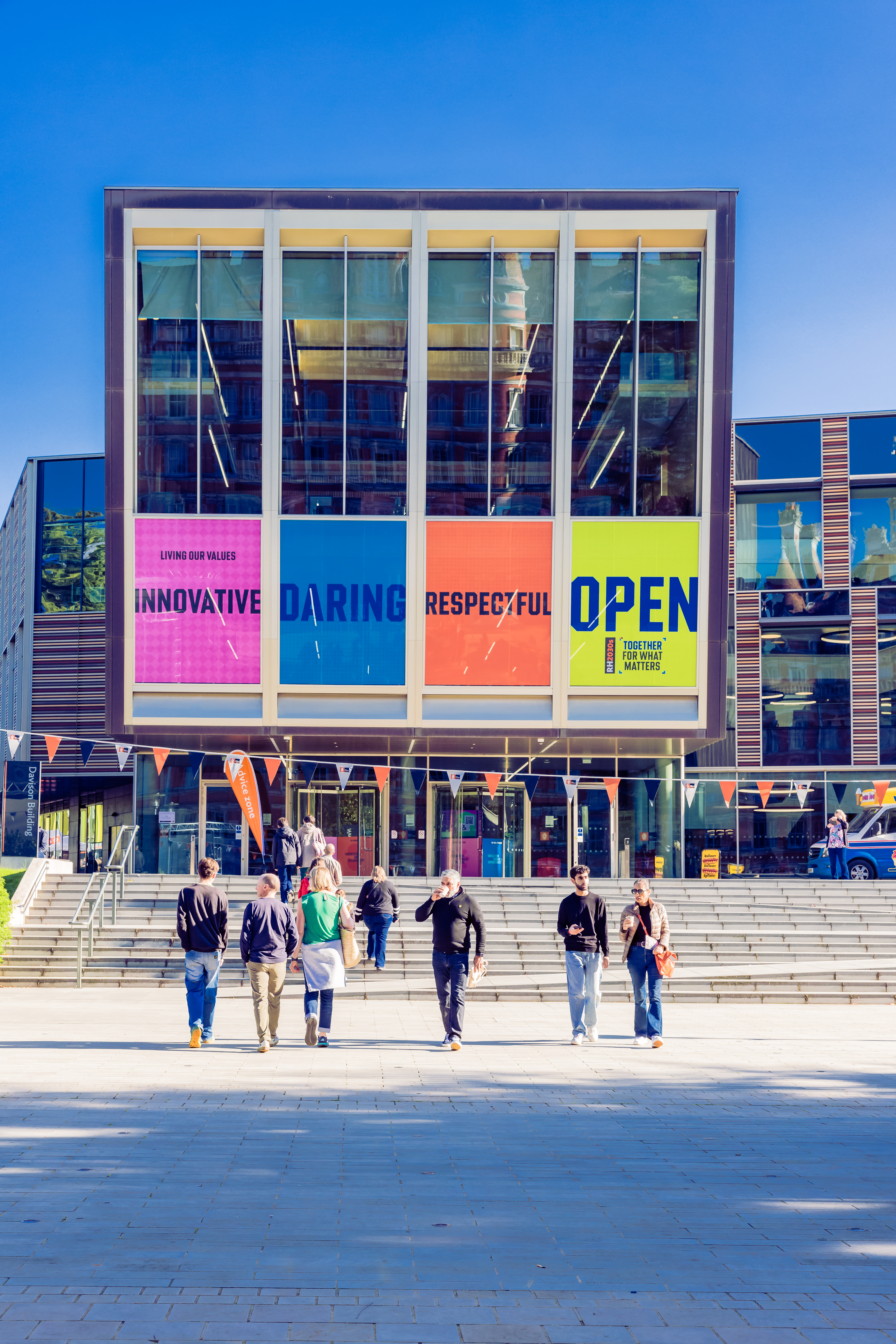 Our university values displayed on the Davison building on campus