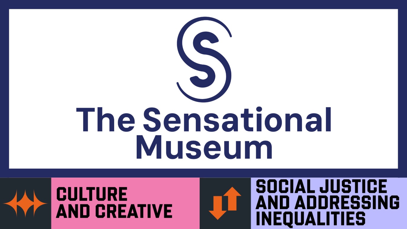 The Sensational Museum Logo Hero - Royal Holloway Areas of Strength icons 'Culture & Creative' and 'Social Justice & Addressing inequalities'