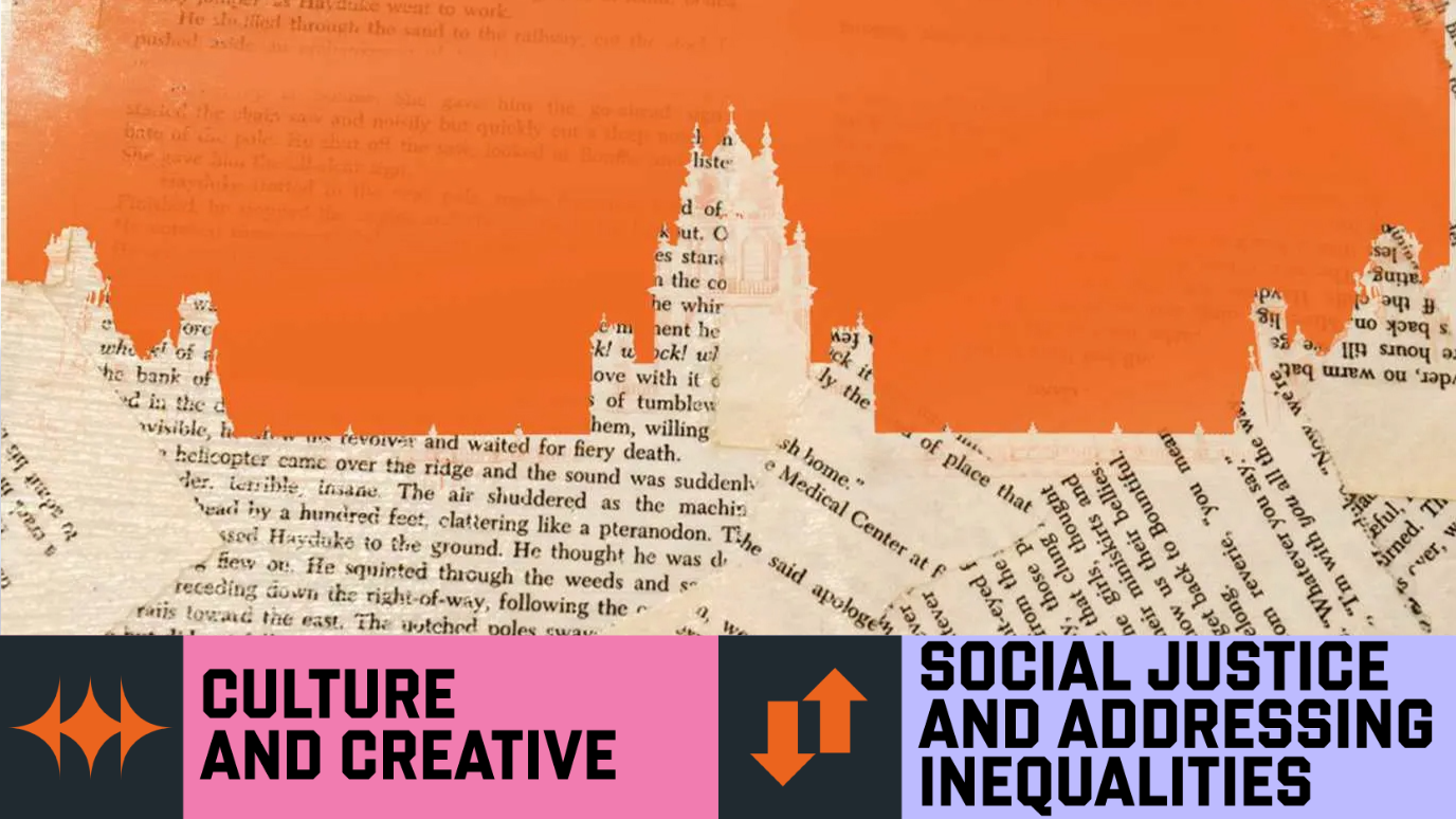 collage image of building silhouette formed form torn pieces of printed text like pages of book - 'Culture and Creative' & ‘Social Justice and Addressing Inequalities’ Research strength graphic banner