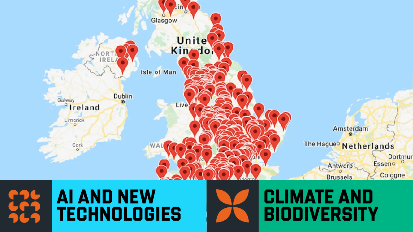 Digital Map of Great Britain covered by lots of red pins at different locations - ‘AI and New Technologies’ & ‘Climate and Biodiversity’  Research strength graphic banner