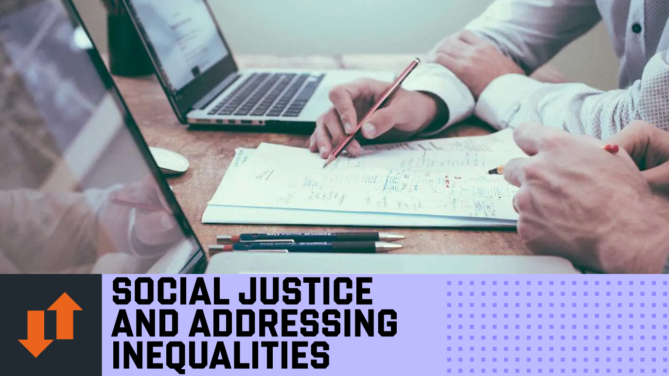 Close up laptops and desk top with hand holding pencil pointing at pad of writing - ‘Social Justice and Addressing Inequalities’ Research strength graphic banner