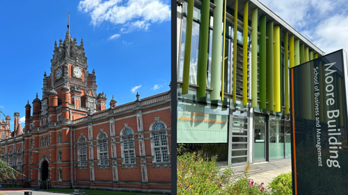 A split screen photograph showing an image of the north Clock Tower entrance to Royal Holloway's Founders building (a Victorian building inspired by style of French Chateau built in orange brick and grey stone). On the right hand side is the Moore Building on campus, a modern glass and steel building, with slats of varying shades of green across the second storey, and a sign in white writing against a dark grey background giving the location and School of Business and Management