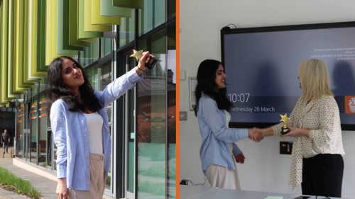 Composite photo showing Pritika holding her award statue, a gold star, up and receiving the trophy from a lecturer at the presentation ceremony