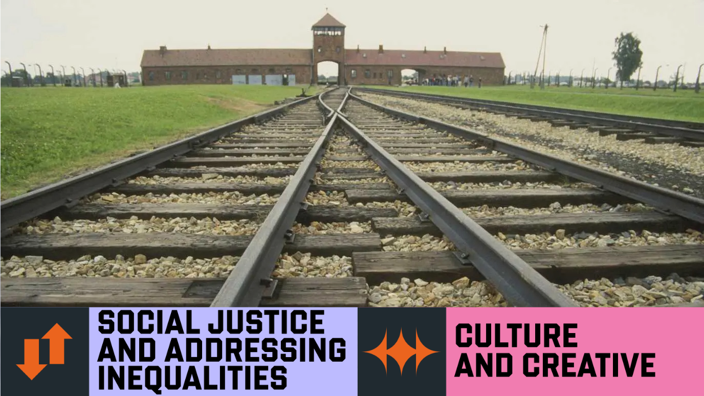 Rail tracks leading towards building at Auschwitz - ‘Social Justice and Addressing Inequalities’  & 'Culture and Creative' Research strength graphic banner