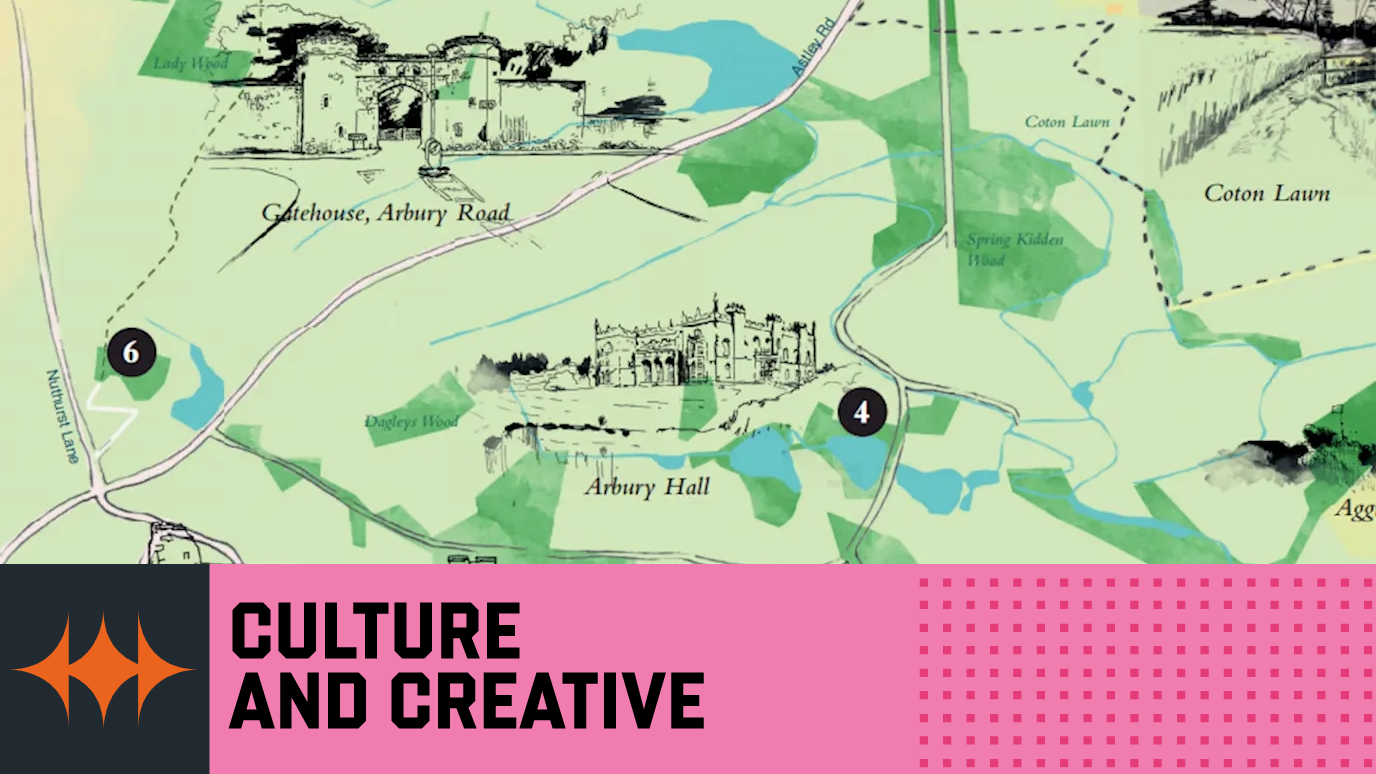 Map showing simple drawn roads and pen and ink outline drawings of locations in George Eliot's writing - 'Culture and Creative' Research strength graphic banner