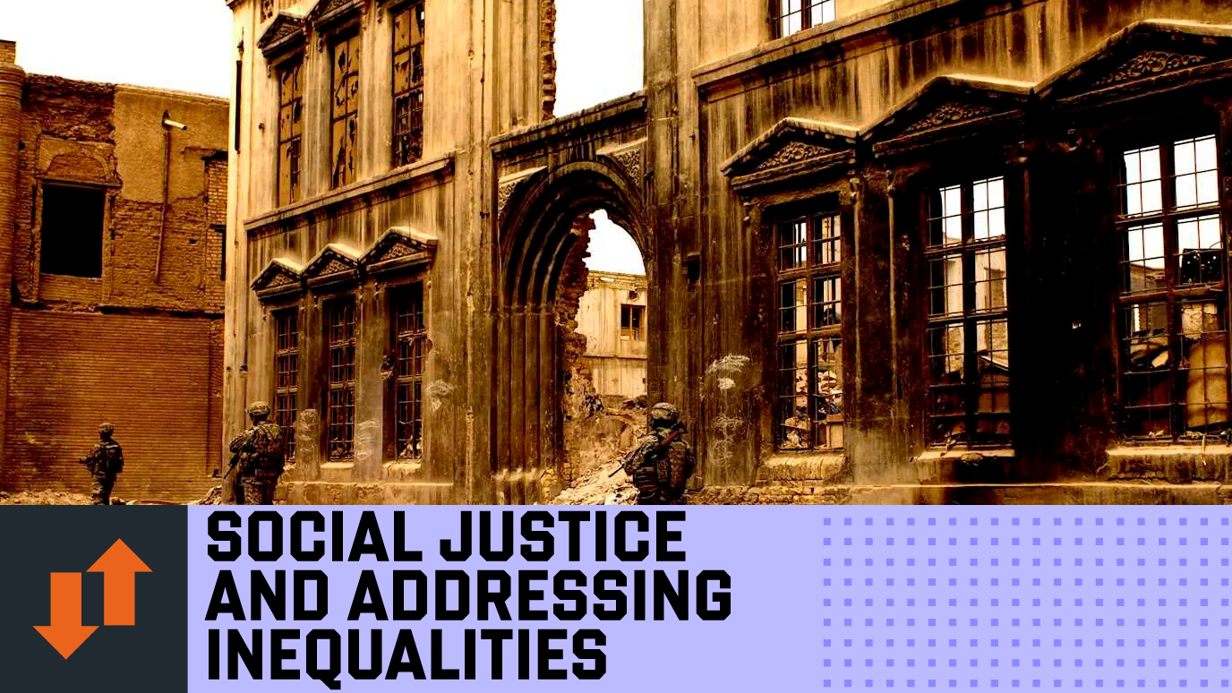 Soldiers in front of shell of bombed out building in sepia hue ‘Social Justice and Addressing Inequalities’ Research strength graphic banner