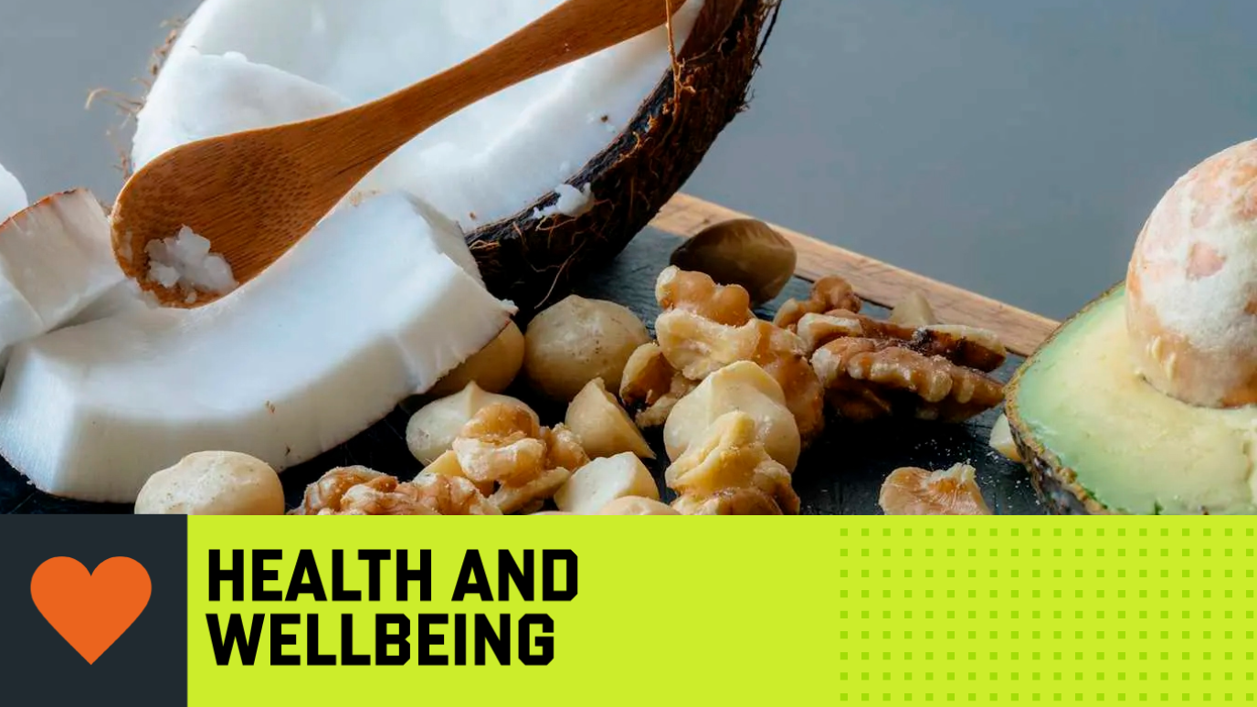 Close up of certain foods - coconut, nuts and avocado - ‘Health and Wellbeing’ Research strength graphic banner