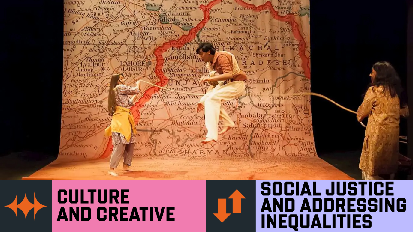 Stage performance with man jumping over rope held by two women and large map of Pakistan India border as stage background 'Culture and Creative' & ‘Social Justice and Addressing Inequalities’ Research strength graphic banner