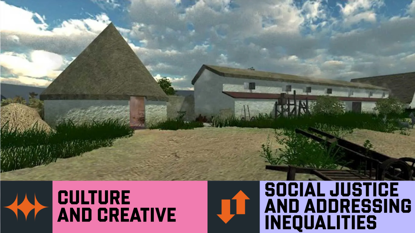 Computer generated image of roman farm 'Culture and Creative' & ‘Social Justice and Addressing Inequalities’  Research strength graphic banner