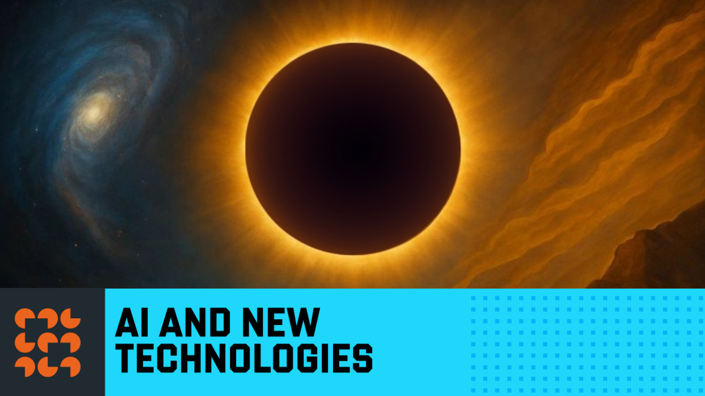 Research in Focus Banner 'AI and New Technologies blue banner and logo - picture of eclipse with galaxy and rocks of Earth in corners