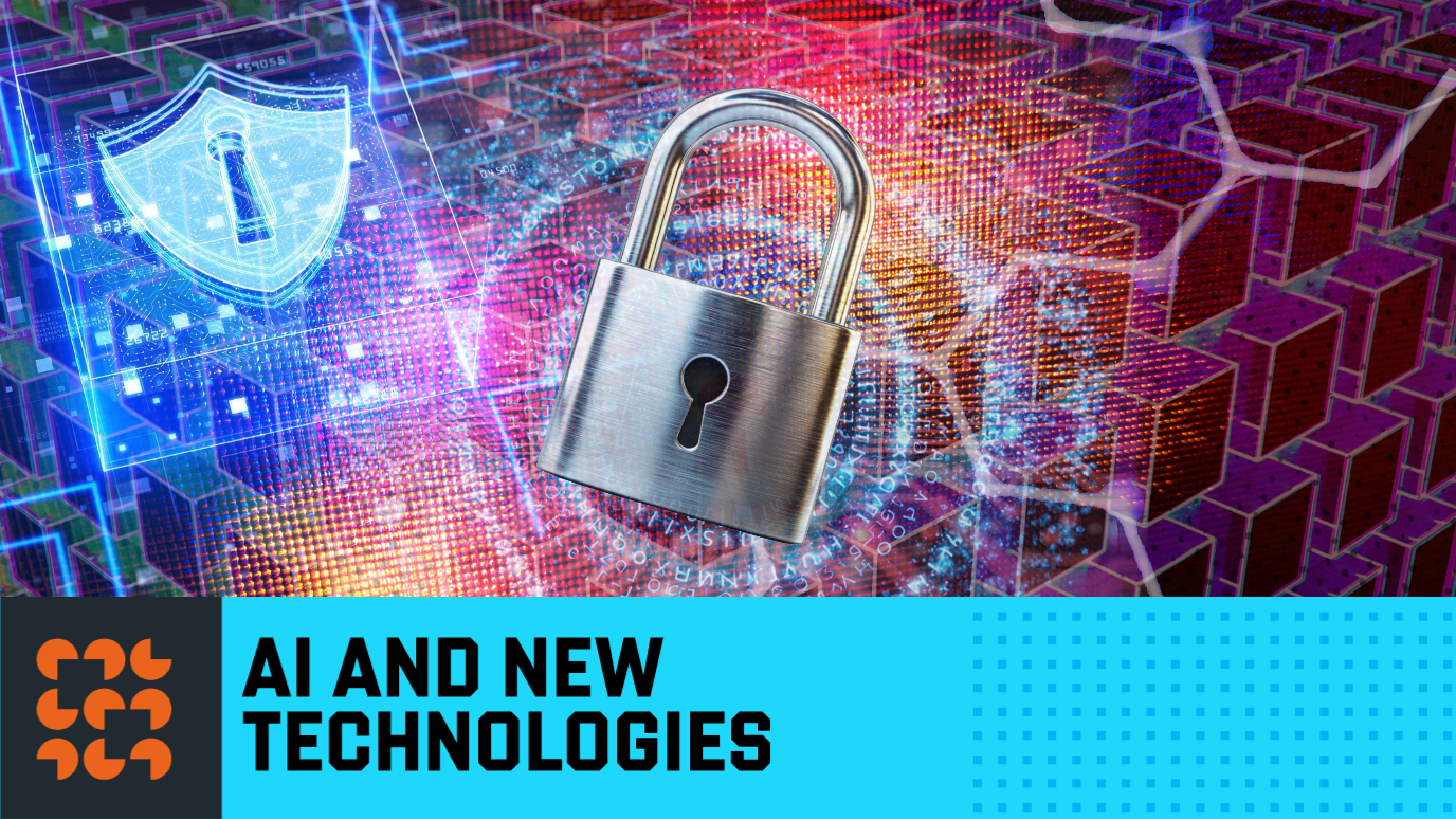 cybersecurity concept with numbers and geometric shapes and padlock - Research Stories Hero - 'AI and New technologies' blue banner and icon 
