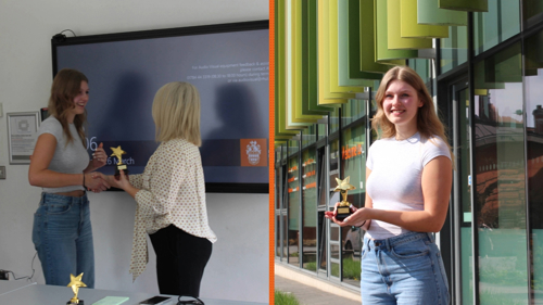 Composite photo showing Annabelle holding her award statue, a gold star, up and receiving the trophy from a lecturer at the presentation ceremony